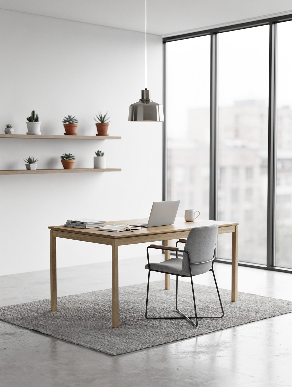 Sunlit minimalist creative studio workspace with pale oak shelving, orderly desk tools, and linen textures